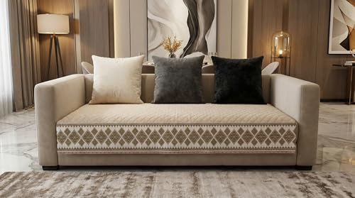 Image of Velvet Quilted Sofa Cover Mat Seat & Back, 3+2+2 Set, Total L161in H32in (3+2+2), Beige Color,Anti Skid Backing, 6in Hanging Strap Design, Washable Soft, A, Style -Beige-S322