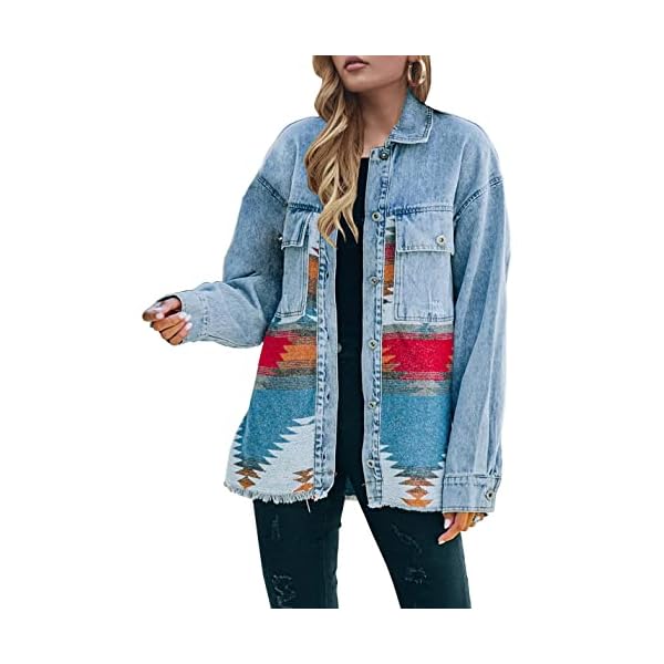 Lumister Women's Aztec Denim Jacket Distressed Lapel Long Sleeve Vintage Button Down Denim Jacket Shacket, Multicolor, Small