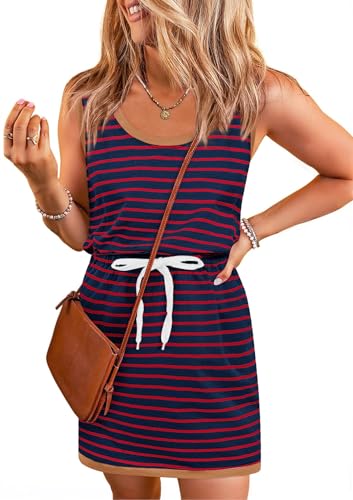 Image of Yousify Womens Summer Sleeveless Striped Dress Drawstring Waist Casual Tank Mini Dresses with Pockets