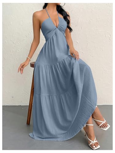 Image of SHENHE Women's Deep V Neck Tie Knot Backless Halter Dress A Line Flowy Ruffle Maxi Dress