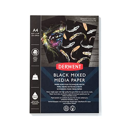 Derwent Black Mixed Media Pad A4, 300gsm Paper, 12 Sheets, Fine Grain, Acid Free, Ideal for Fine Art Drawing, Sketching & Colouring, Professional Quality, 2306018
