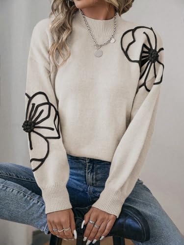 Image of Milumia Women's Floral Pattern Mock Neck Long Sleeve Drop Shoulder Pullover Sweaters