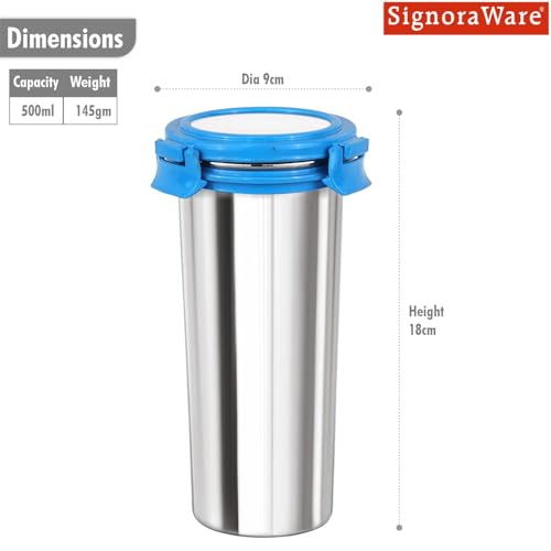 Image of Signoraware Lock N Store Stainless Steel Round Tumbler | Airtight & Leakproof | Compact Design | Easy to Clean | Ideal for Office, School, Travel, and Home Use (500ml | TBlue)