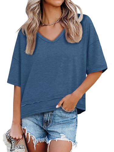 Image of UNCLECAT Womens V Neck T Shirts Summer Trendy Loose Fit Casual Tops Tees | Short sleeve, Spliced hem, Flowy graphic tees,Solid color cute basic t-shirts