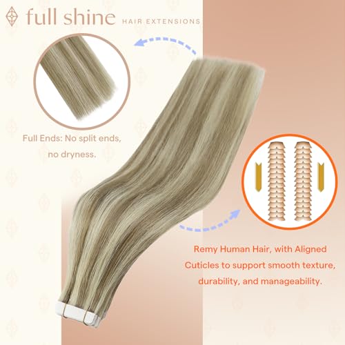 Image of Full Shine Hair Extensions Tape in, Desert Blonde Mix 24 Inch | 100g 40PCS, Brazilian Invisible Tape Ins Human Hair Extensions, Double Sided Lightweight Glam Photoshoot Look Full Ends