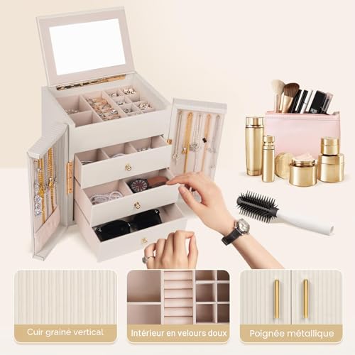 Dajasan Boite a Bijoux, Grande Boite a Bijoux Femme avec 3 Tiroirs, Boite à Bijoux avec Miroir pour Coiffeuse, Cuir à Grain Vertical, Idée Cadeau pour Femme, Fille (Beige) – vue 4