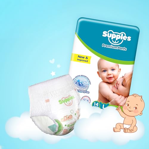 Image of Amazon Brand - Supples Premium Baby Diaper Pants | 14 Baby Diapers | Large | 9-14 Kg | 12 Hrs Absorption | Cushiony Cotton Soft Fabric | Phthalates-Free | Triple Leak Guard