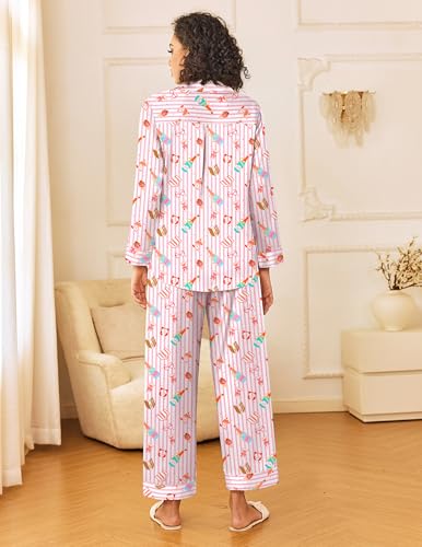 Image of Ekouaer Womens Silk Satin Pajama Sets 2 Piece Sleepwear Pjs Set Long Sleeve Button Down Top and Pants Stripe Loungewear S-XXL