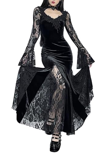 DINGJIUYAN Maxikleid für Damen, Gothic, Samt, Vintage, lange Ärmel, ausgestellte Ärmel, Velours, Spitze, lange Kleider, Halloween-Kostüme, Schwarz...