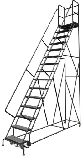 Image of Tri-Arc KDSR115246-D2 15-Step 20 inch Deep Top Steel Rolling Industrial & Warehouse Ladder with Handrails, 24 inch Wide Perforated Tread
