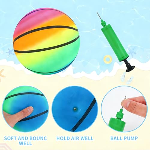 Gukasxi 3 Stück Regenbogen Inflation Strand Bälle mit Pumpe, Rainbow Bouncy Kickball Kinder Sport Spielen Ball Wasserball Fußball Handball Spielzeug für Indoor Outdoor Spielplatz Aktivitäten