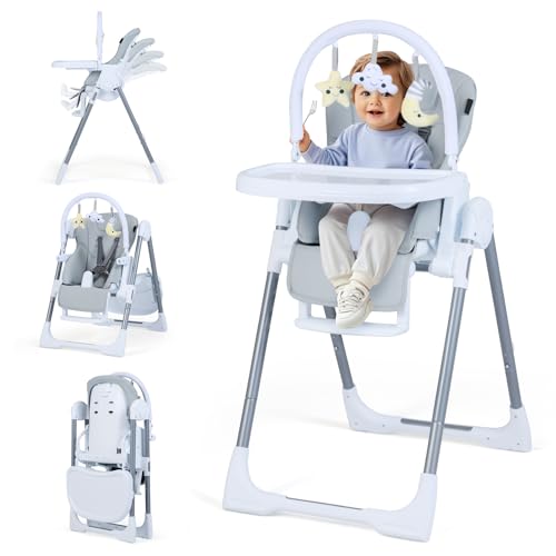 HONEY JOY Baby High Chair with Wheels, Foldable &amp; Self-Stand Feeding Chair w/Toy Bar, Removable Cushion &amp; Tray, Adjustable Heights &amp; Recline Seat, Portable Highchair for Babies &amp; Toddlers (Gray)