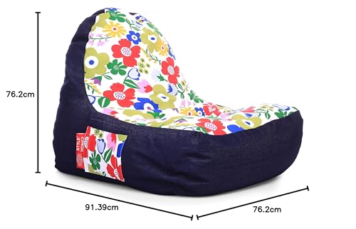 Image of Style Homez Urban Design Denim Canvas Floral Printed Chair Bean Bag XXL Size Filled with Beans Fillers