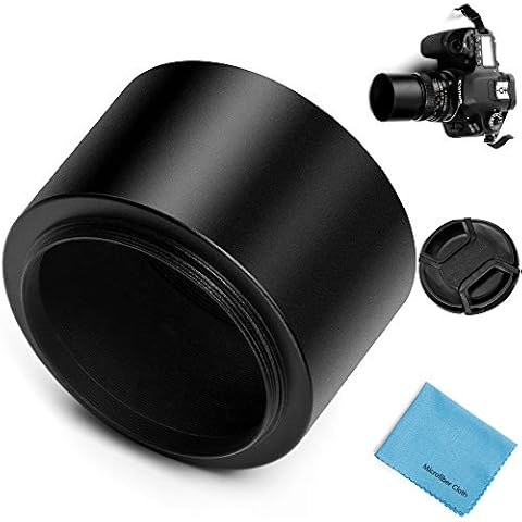 55mm Tele Metal Screw-in Lens Hood Sunshade with Centre Pinch Lens Cap for Canon Nikon Sony Pentax Olympus Fuji Sumsung Leica Camera + Cleaning Cloth Cover