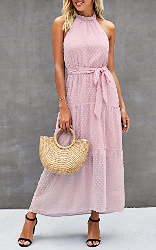 Image of PRETTYGARDEN Women's Halter Neck Floral Long Maxi Dress Casual Sleeveless Backless Dresses Loose Ruffle Sundress with Belt