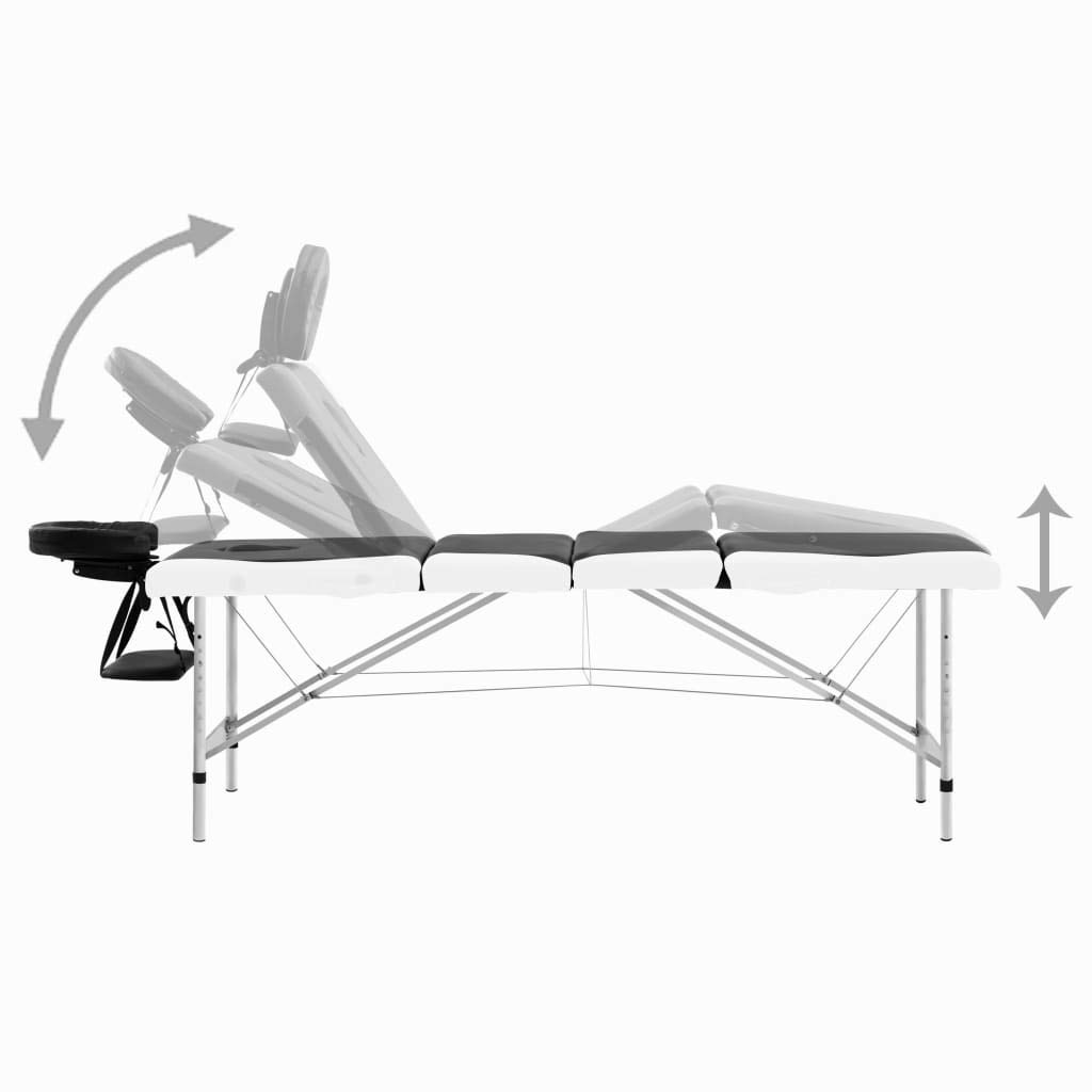Massageliege klappbar 4-Zonen Aluminiumgestell schwarz und weiß mit höhenverstellbarer Kopfstütze Armlehne und Dicker Polsterung für Praxis Studio Spa und Mobile Physiotherapie