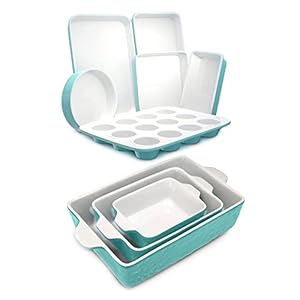 NutriChef Rectangular Ceramic 3 Piece Nonstick Stain Resistant Kitchen Bakeware Pan Set with 6 Piece Stackable Ceramic Baking Pan Sheet Set