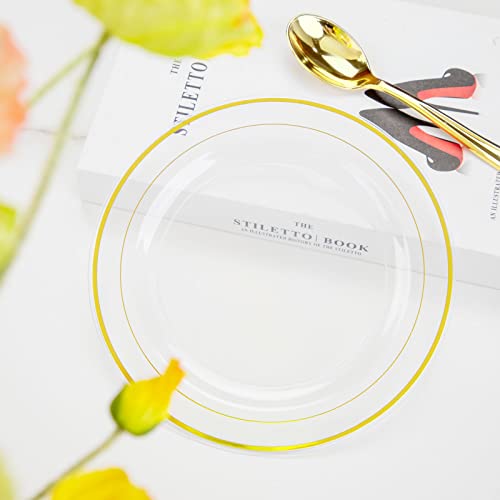 I00000 72 Pieces Gold Dessert Plates 7.5" & 72 Pieces Gold Disposable Forks 7.4", Clear Plastic Plates, Fancy Salad Plates And Appetizer Plates For Holidays, Occasions #TOP2