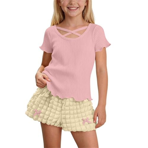 Conjunto de ropa de verano para niñas de 1 a 10 años, 2 piezas, manga corta, acanalado, ribete de lechuga, pantalones cortos holgados, ropa de descanso, ropa deportiva al aire libre, A14 rosa, 4-5