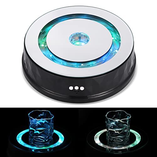 Flyrivergo Rotating Display Stand 9inch/17.6lb LED Colorful Light 360 Degree Motorized Turntable Mirror Base Stand for Cup Crystal Glass Spherical Jewelry Display Party Decoration