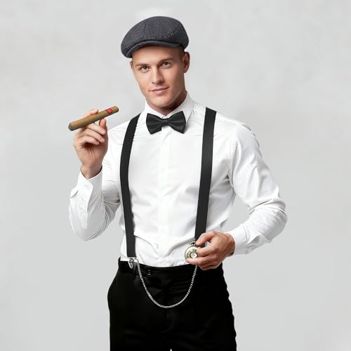 Image of BABEYOND 1920s Mens Gatsby Gangster Costume Accessories Set 30s Manhattan Fedora Hat Bow Tie Suspenders