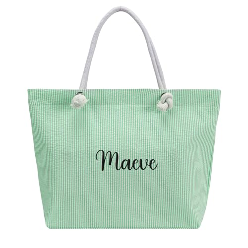 Ulico Personalzied Seersucker Beach Tote Bag,Cute Custom Embroidered Name Reusable Grocery Shoulder Bag for Women