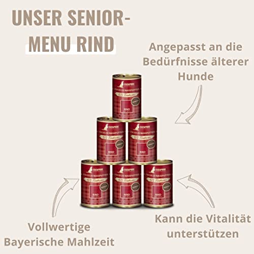 Escapure Senior Nassfutter Rind 6 x 400g Dose - 57% pures Rindfleisch Hundefutter - Dosenfutter Rindermenü ohne Zusatzstoffe - Ergänzungsfuttermittel für ältere Hunde frei von Getreide