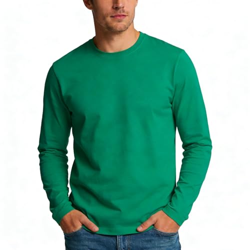 FamilyBlisst Adult Crew Neck Long Sleeve Men T-Shirt Solid Color Green Size X-Large