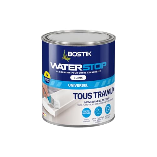 Bostik Waterstop - Membrane d'Étanchéité Toiture, Gouttières et Murs - Réparation Fuites, Infiltrations & Fissures - Résistant UV & Intempéries - Blanc - Pôt 1 kg