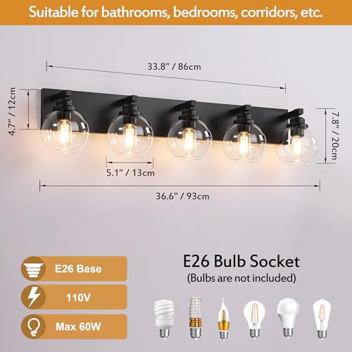 Image of LmnLvn Farmhouse 5-Light Vanity Light, Matte Black Metal with Glass Shade