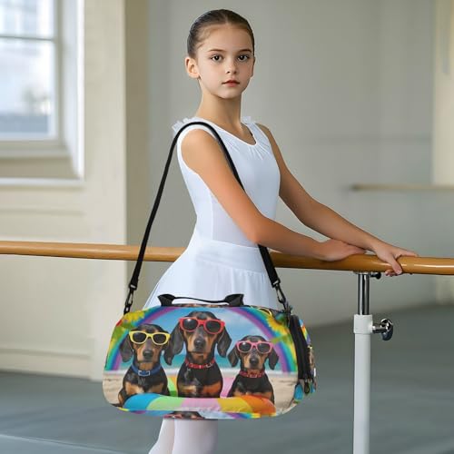 Duffle Bag for Boys or Girls with Shoes Compartment, Dachshund Sunglasses Sunflowers Sports Travel Bag Overnight3