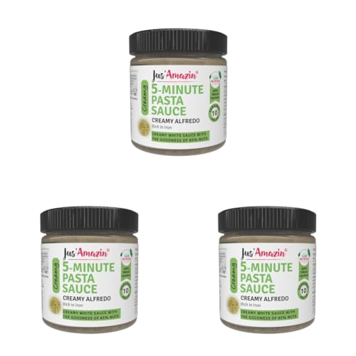 Image of Jus' Amazin 5-Minute Pasta Sauce - Creamy Alfredo (200g), Only 5 Ingredients, 100% Natural, 85% Nuts, Zero Additives, Ready to Cook, Italian Cuisine (Pack of 3)
