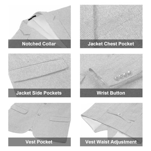 Image of Retro 3 Piece Suit Tweed Herringbone Men's Suits Slim Fit Jacket Vest Pant | Tweed Wool Blend Retro 3 Piece Suit Herringbone Men's Suits Vintage Wedding Groom Tux Set Dress Prom Single Breasted Jacket