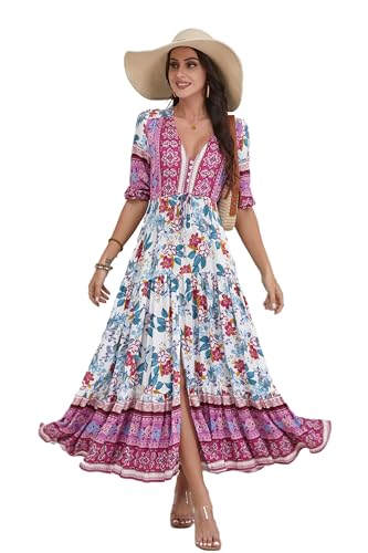 Women Short Sleeve V Neck Floral Print Casual Bohemian Maxi Dresses