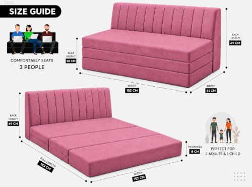 Image of Three Seater Sofa Bed, Velvet Fabric Foldable Sofa Cum Bed with Soft Foam Cushioning, Convertible Floor Couch for Living Room, Guest Room & Home Use (Rose Pink, Pre-Assembled)