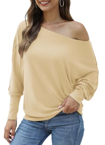 Image of Aifer Women's Off The Shoulder Tops Sexy Long Sleeve Shirts Oversized Fashion Casual Batwing Sweaters Pullover Tunic Tops