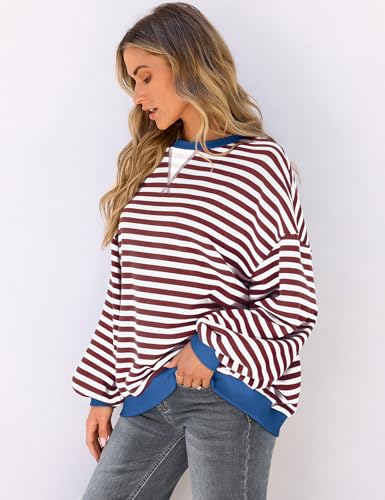Image of UEU Women Oversized Striped Crewneck Sweatshirt Long Sleeve Color Block Pullover Tops Casual Loose Workout Shirt