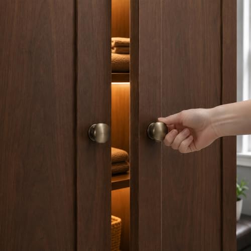 Image of trust4care 4-Pack Antique Brass 1.5 inch Bifold Closet Door Cabinet Knobs Pulls | Brushed Finish Large Wide Base Zinc Round Kitchen Cabinet Wardrobe Dresser Dummy Doorknobs, Furniture Sideboard Drawer Handle