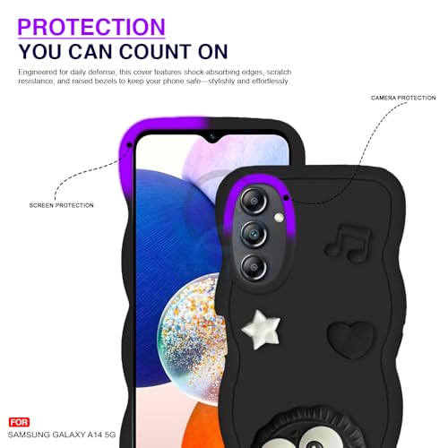 Image of AESTMO Back Case Cover for Samsung Galaxy A14 5G | 3D Cute Fun Cartoon Characters | Anti Slip Grip Cute Wave Curly Frame Shape | Full Body Protection Back Cover for Samsung Galaxy A14 5G (Black)