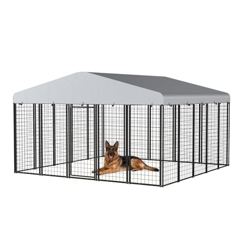 10x10 FT Outdoor Dog Kennel with Anti-Rust Galvanized Welded Wire Steel, Heavy Duty Dog Enclosure with Waterproof Roof Cover and Secure Lock for Outside Use