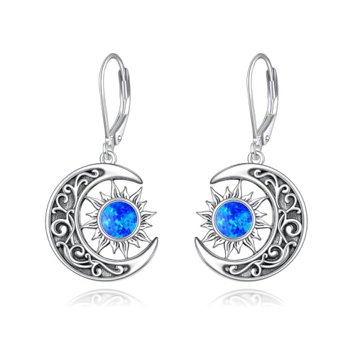 Boucles d'oreilles soleil et lune en argent 925 céleste et opale bleue VONALA