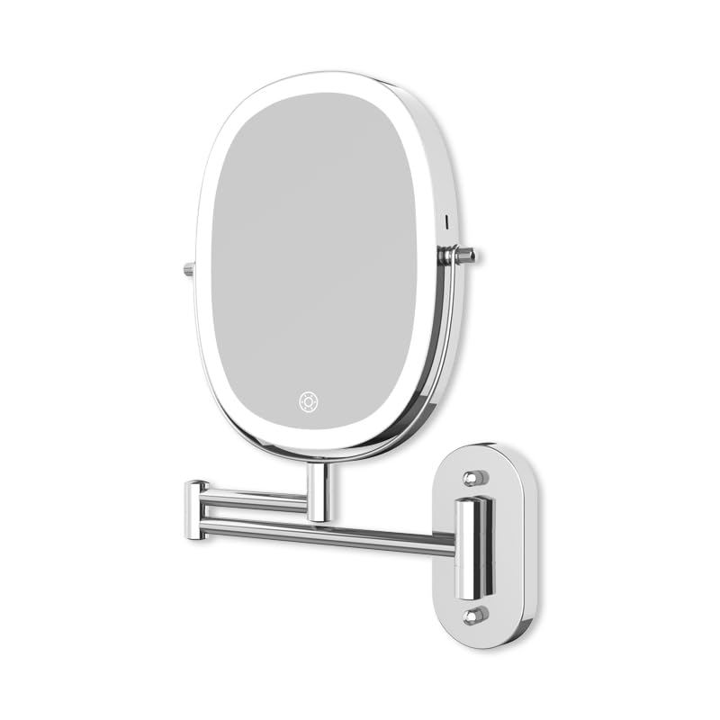 La Mejor Selección de Espejos de aumento de pared los mejores 10. 48 Maquillali Espejo Ovalado de Maquillaje Recargable para Baño, Montado en Pared con Brazo Extensible, Doble Cara con Aumento 1X/5X, LED con 3 Colores y Brillo Ajustable, Rotación...