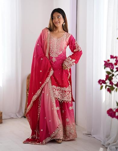 Image of Pandadi Saree Women's Chinon Silk Embroidery Kurta Sharara Set With Dupatta.