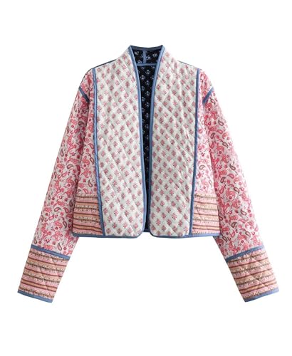 OPCAKM Women's Cropped Floral Print Quilted Jacket Lightweight Coats Open Front Puffer Outerwear