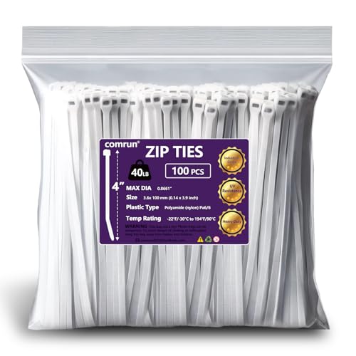 Comrun 4 Inch White Cable Tie Zip Ties Nylon Zip Ties Plastic Ties 100Pcs