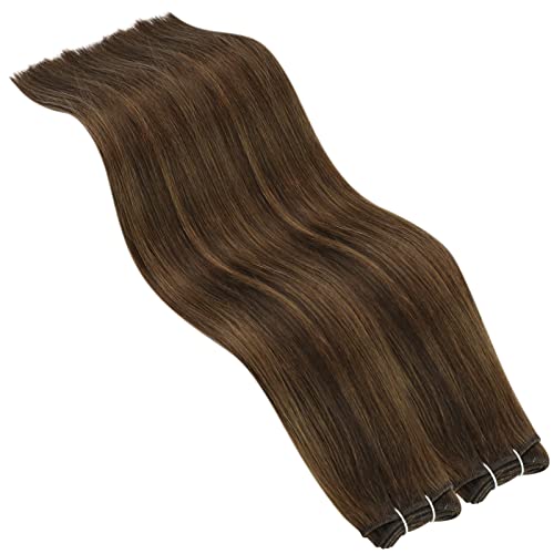 Brown Sew in Hair Extensions Human Hair Weft Extensions 24in Highlight Light Brown with Dark Brown Hair Extensions Sew in Bundles Human Hair 100g Double Weft Hair Extensions