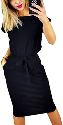 Kancystore Women's Causal Short Sleeve Belted Pencil Dress with Pockets (Black, S)