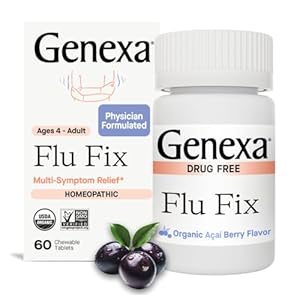 Genexa Flu Fix | Multi-Symptom Flu Remedy for Kids & Adults | Relieves Aches, Fever, Congestion | Acai Berry Flavor | Organic & Non-GMO | Homeopathic Remedy Made Clean | 60 Chewable Tablets, Ages 4+​