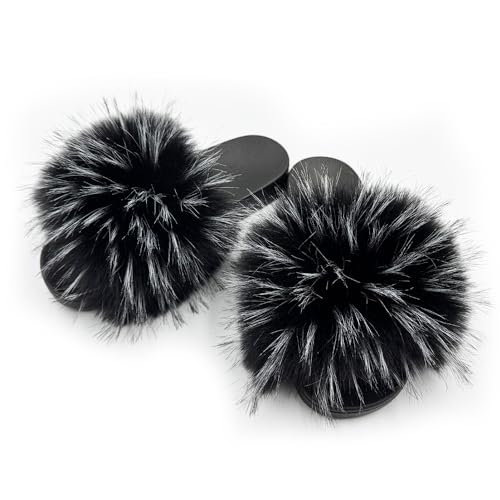 Image of Women's Faux Fur Slides Slippers Fluffy Fuzzy Sandals Open Toe Furry Slide Flip Flop Indoor Outdoor