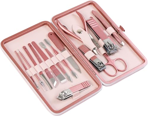 Utopia Care - Manicure Kit for Women and Men, 16 Pcs Manicure Set with Nail Clippers, Fingernail & Toenail Clippers, Pedicure Kit Stocking Stuffers with Travel Case, Stainless Steel - Pink